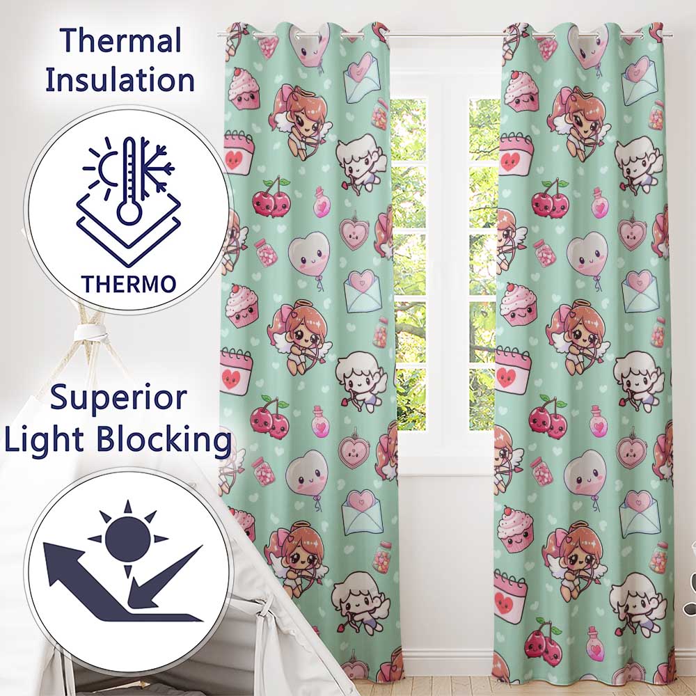 Cupid Angels Hearts Sweets Kawaii Valentine Seamless Pattern Mint Background Readymade Eyelet Ring Top Thermal 100% Blackout Curtains