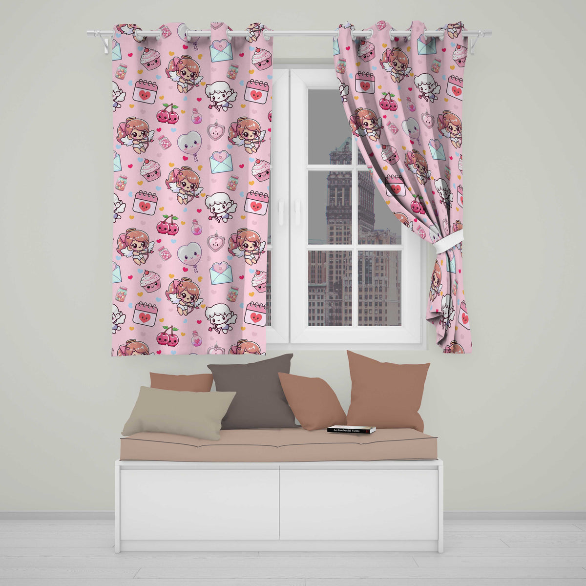 Cupid Angels Hearts Sweets Kawaii Valentine Seamless Pattern Pink Background Readymade Eyelet Ring Top Thermal 100% Blackout Curtains