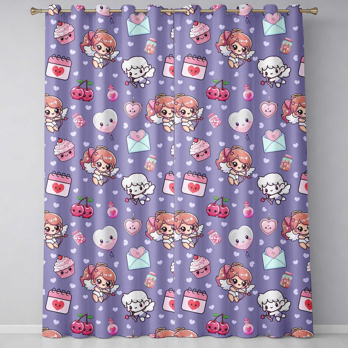 Cupid Angels Hearts Sweets Kawaii Valentine Seamless Pattern Purple Background Readymade Eyelet Ring Top Thermal 100% Blackout Curtains