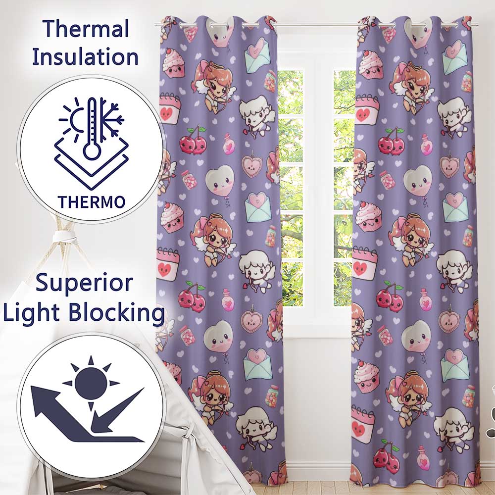 Cupid Angels Hearts Sweets Kawaii Valentine Seamless Pattern Purple Background Readymade Eyelet Ring Top Thermal 100% Blackout Curtains