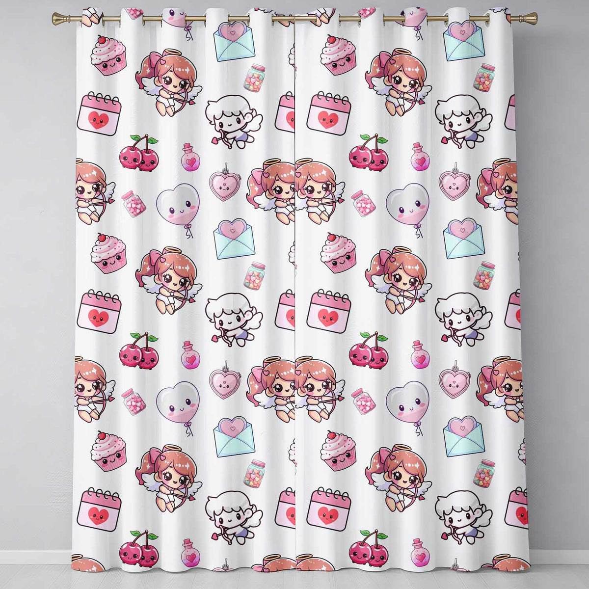 Cupid Angels Hearts Sweets Kawaii Valentine Seamless Pattern Grey Background Readymade Eyelet Ring Top Thermal 100% Blackout Curtains
