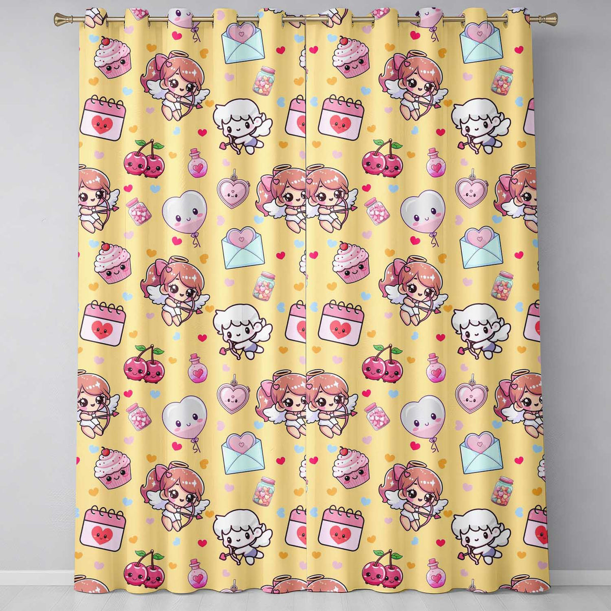Cupid Angels Hearts Sweets Kawaii Valentine Seamless Pattern Yellow Background Readymade Eyelet Ring Top Thermal 100% Blackout Curtains