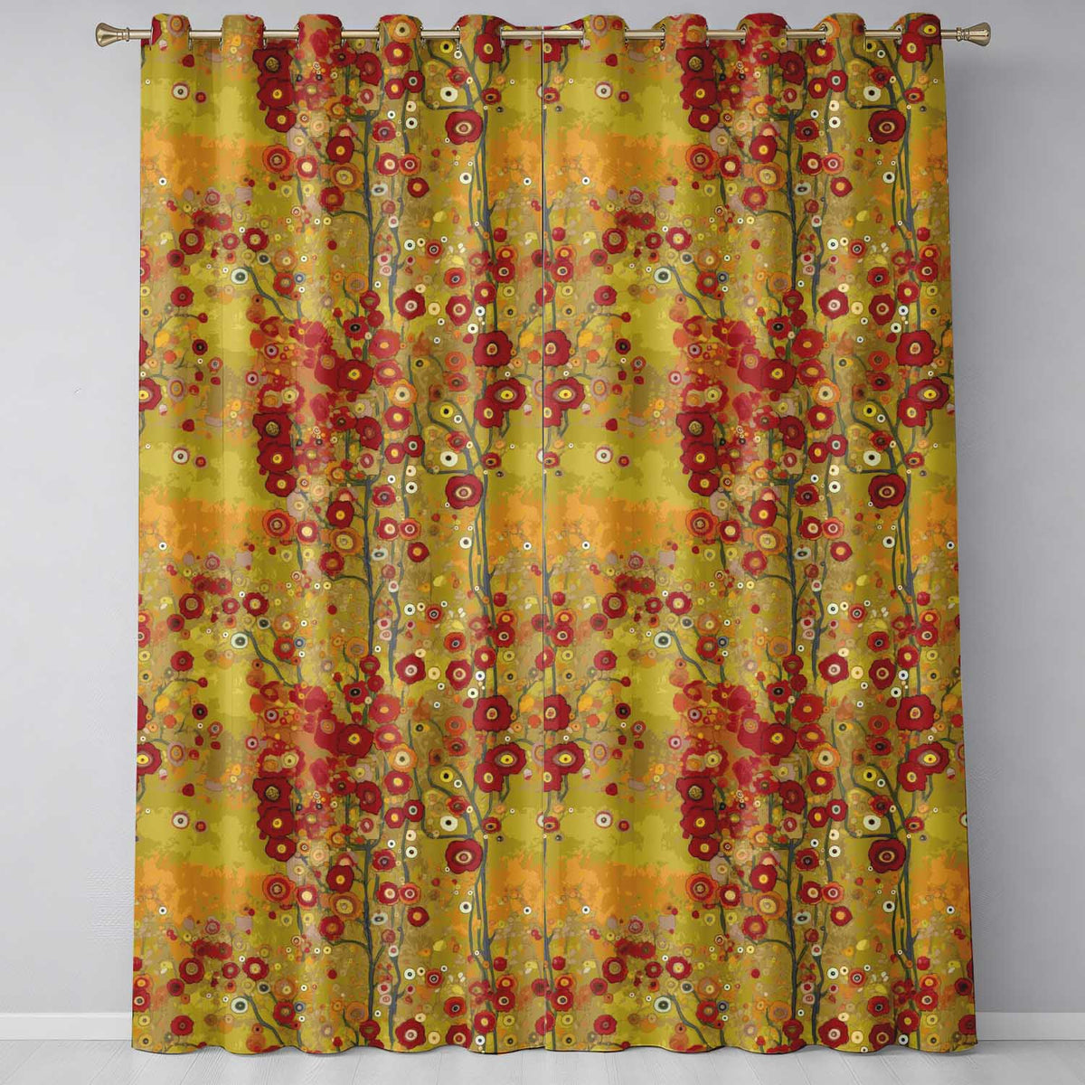 Abstract Floral Red Yellow Garden Artistic Seamless Pattern Readymade Eyelet Ring Top Thermal 100% Blackout Curtains