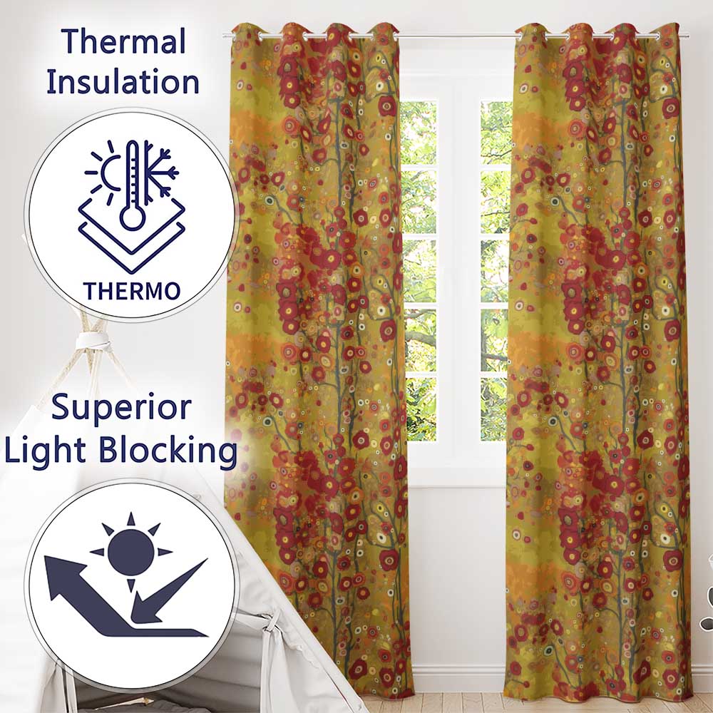 Abstract Floral Red Yellow Garden Artistic Seamless Pattern Readymade Eyelet Ring Top Thermal 100% Blackout Curtains