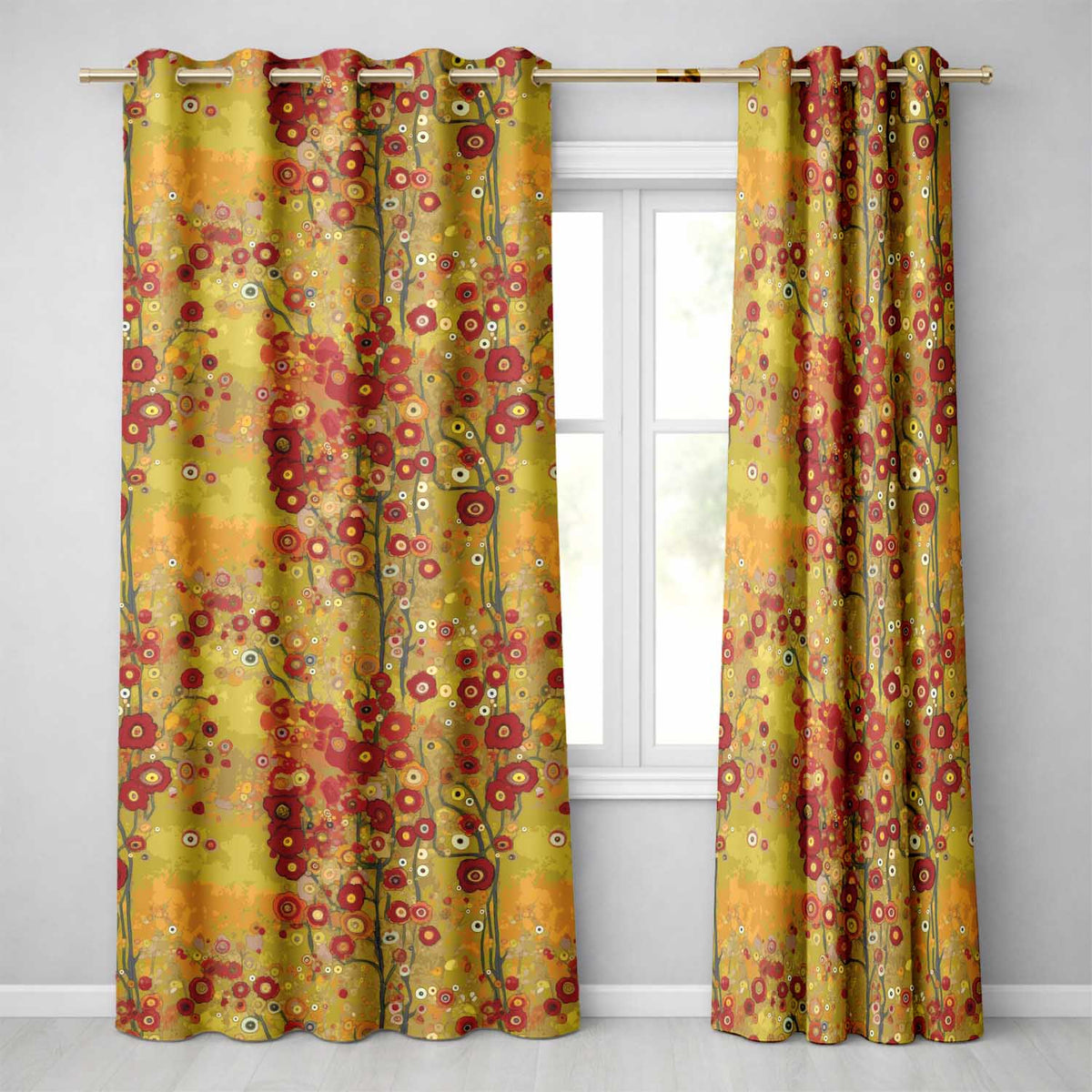Abstract Floral Red Yellow Garden Artistic Seamless Pattern Readymade Eyelet Ring Top Thermal 100% Blackout Curtains