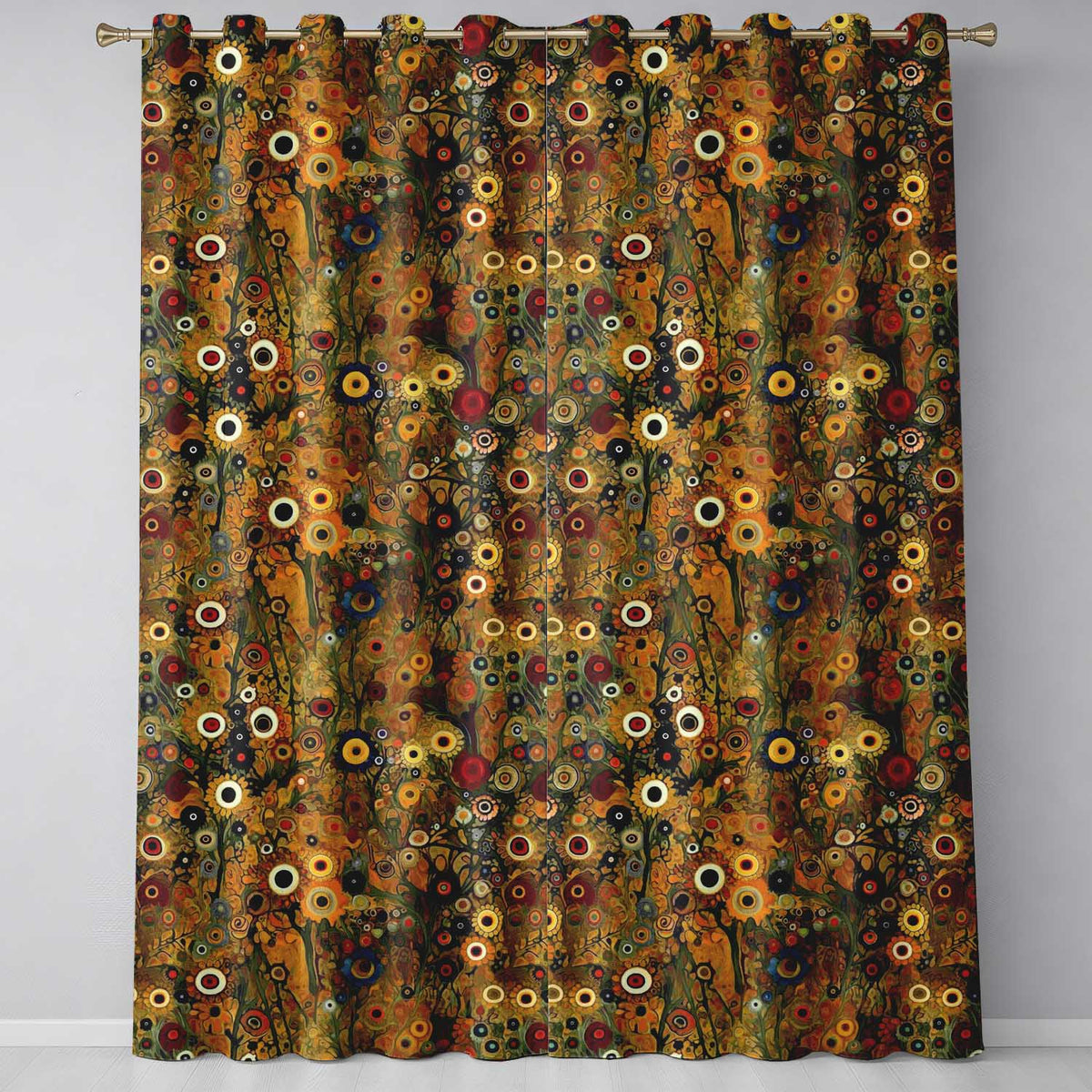 Abstract Golden Brown Floral Ornamental Artistic Seamless Pattern Readymade Eyelet Ring Top Thermal 100% Blackout Curtains