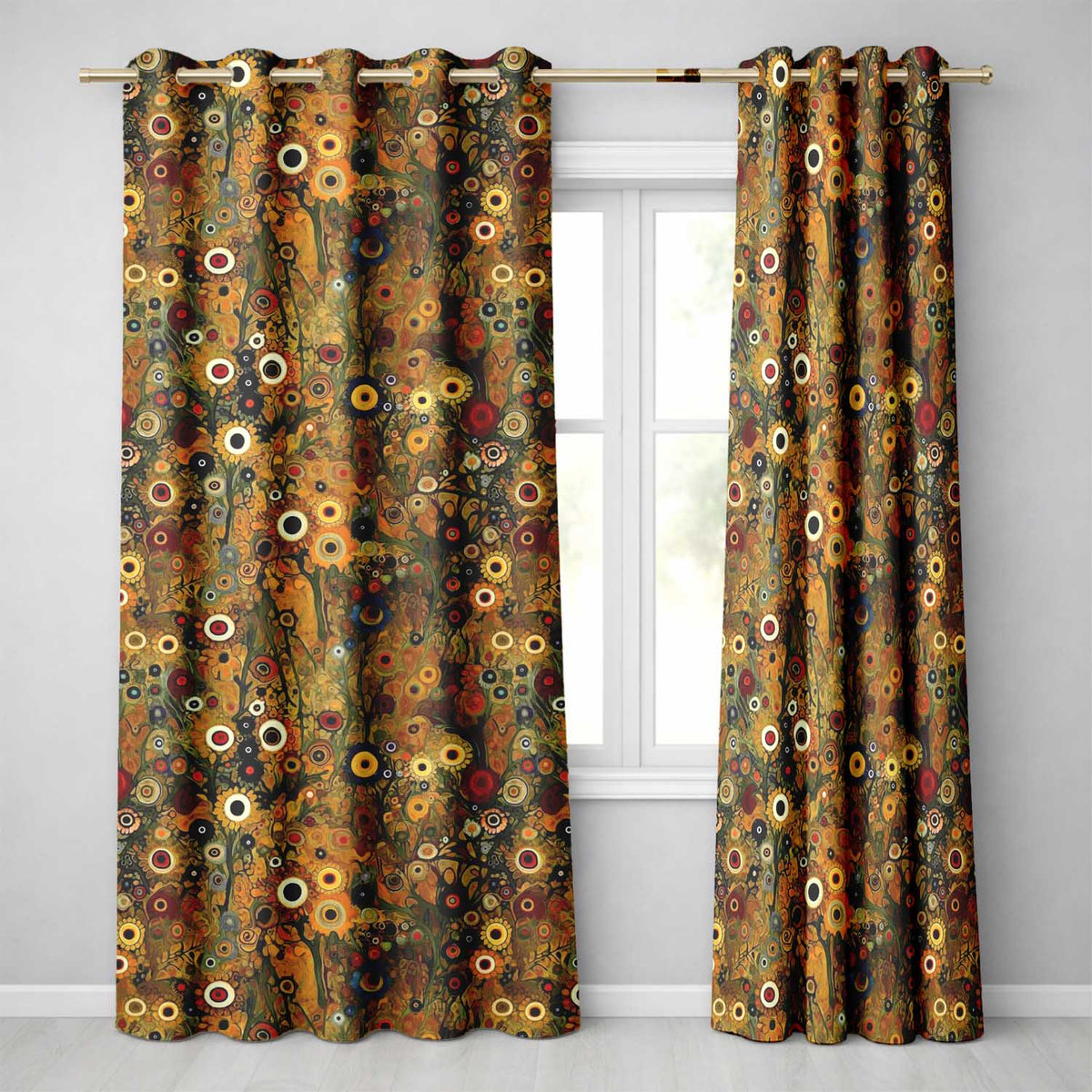 Abstract Golden Brown Floral Ornamental Artistic Seamless Pattern Readymade Eyelet Ring Top Thermal 100% Blackout Curtains