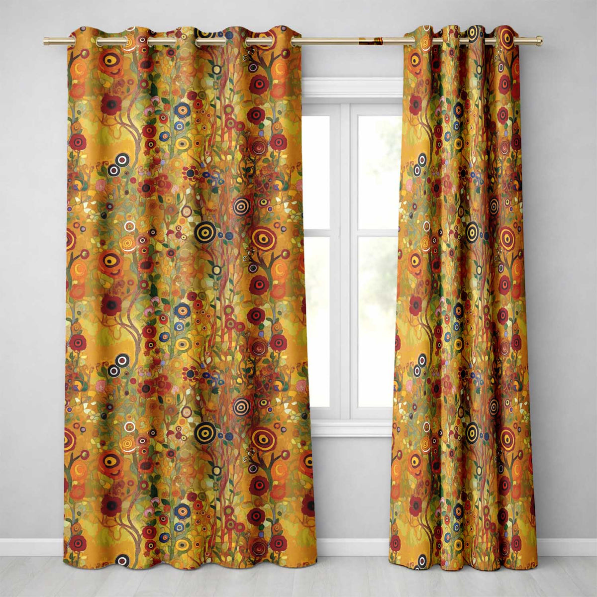 Vibrant Circular Floral Swirl Pattern Bold Yellow Artistic Seamless Design Readymade Eyelet Ring Top Thermal 100% Blackout Curtains