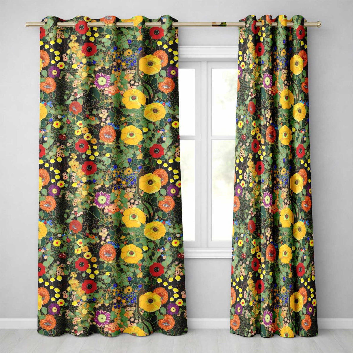 Botanical Abstract Flowers Intricate Lines Bold Colors Seamless Pattern Design Readymade Eyelet Ring Top Thermal 100% Blackout Curtains