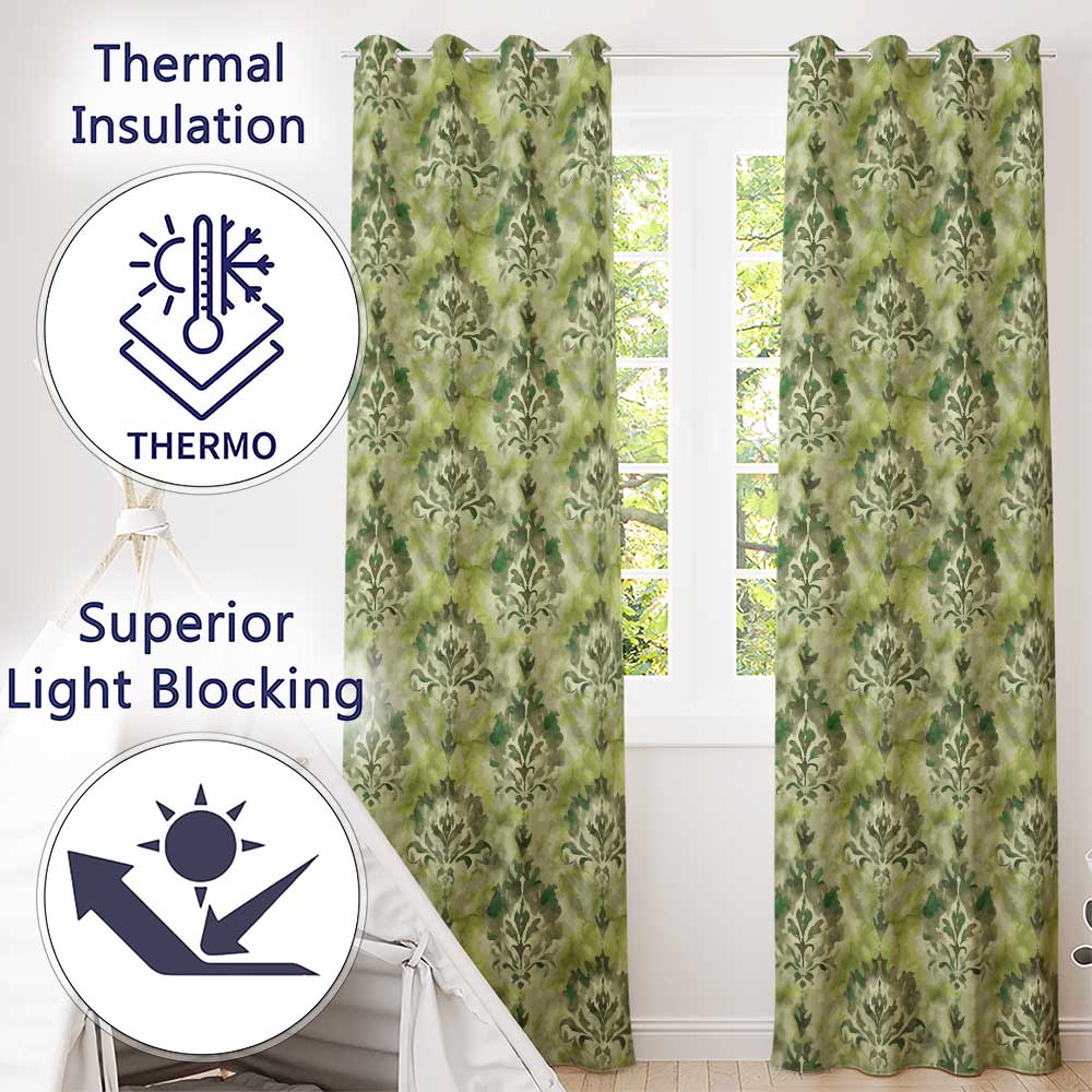 Green Watercolor Damask Pattern Classic Ornamental Seamless Design Readymade Eyelet Ring Top Thermal 100% Blackout Curtains