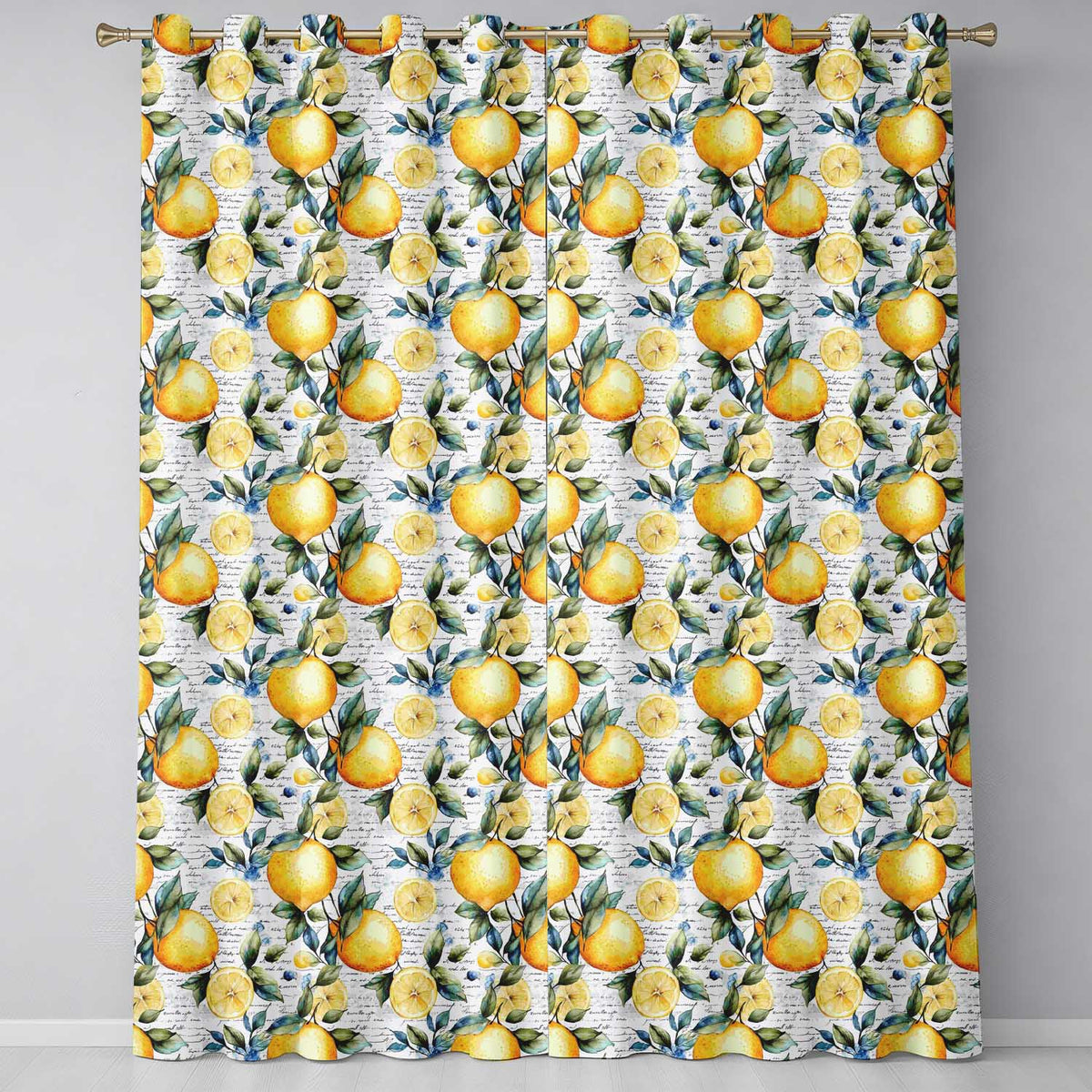 Lemon Botanical Script Background Seamless Pattern Readymade Eyelet Ring Top Thermal 100% Blackout Curtains