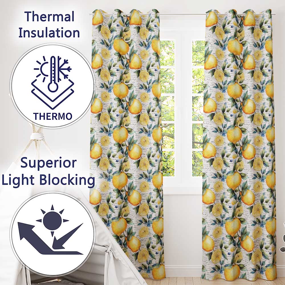 Lemon Botanical Script Background Seamless Pattern Readymade Eyelet Ring Top Thermal 100% Blackout Curtains