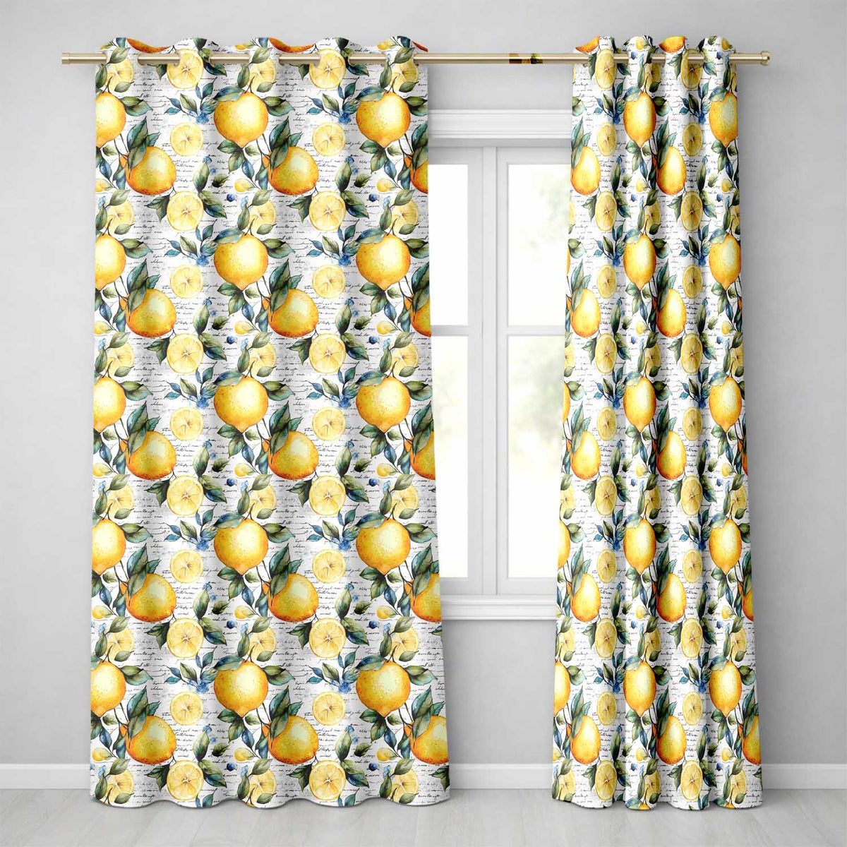 Lemon Botanical Script Background Seamless Pattern Readymade Eyelet Ring Top Thermal 100% Blackout Curtains