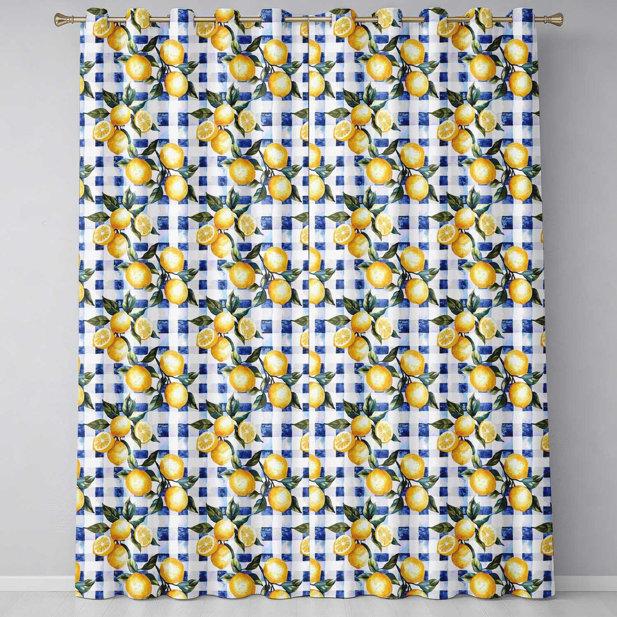 Watercolor Lemon Fruit Blue Gingham Picnic Seamless Pattern Readymade Eyelet Ring Top Thermal 100% Blackout Curtains