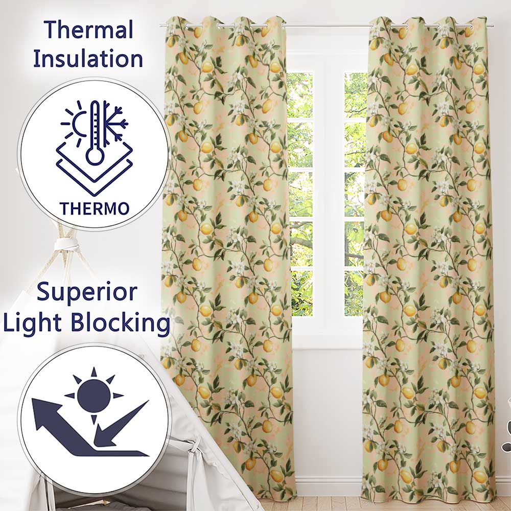 Vintage Lemon Blossom Branches Elegant Floral Citrus Garden Seamless Pattern Readymade Eyelet Ring Top Thermal 100% Blackout Curtains