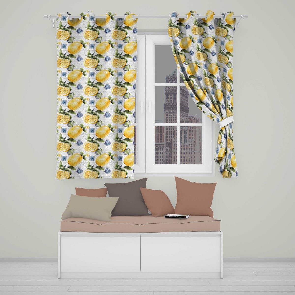 Rustic Lemon Slice Postage Stamp Script Background Seamless Pattern Design Readymade Eyelet Ring Top Thermal 100% Blackout Curtains