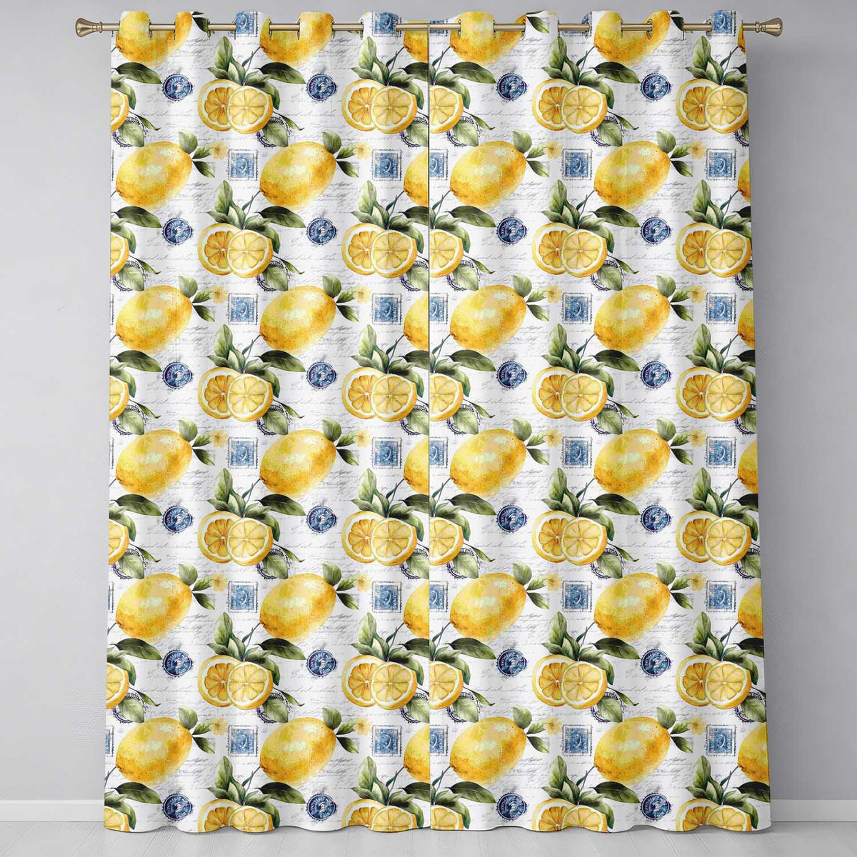 Rustic Lemon Slice Postage Stamp Script Background Seamless Pattern Design Readymade Eyelet Ring Top Thermal 100% Blackout Curtains