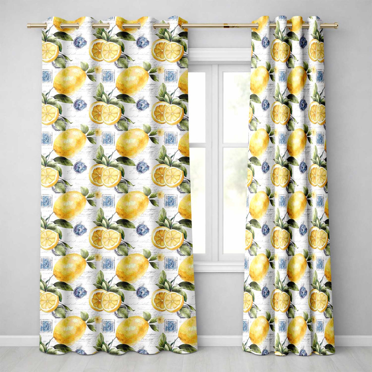 Rustic Lemon Slice Postage Stamp Script Background Seamless Pattern Design Readymade Eyelet Ring Top Thermal 100% Blackout Curtains