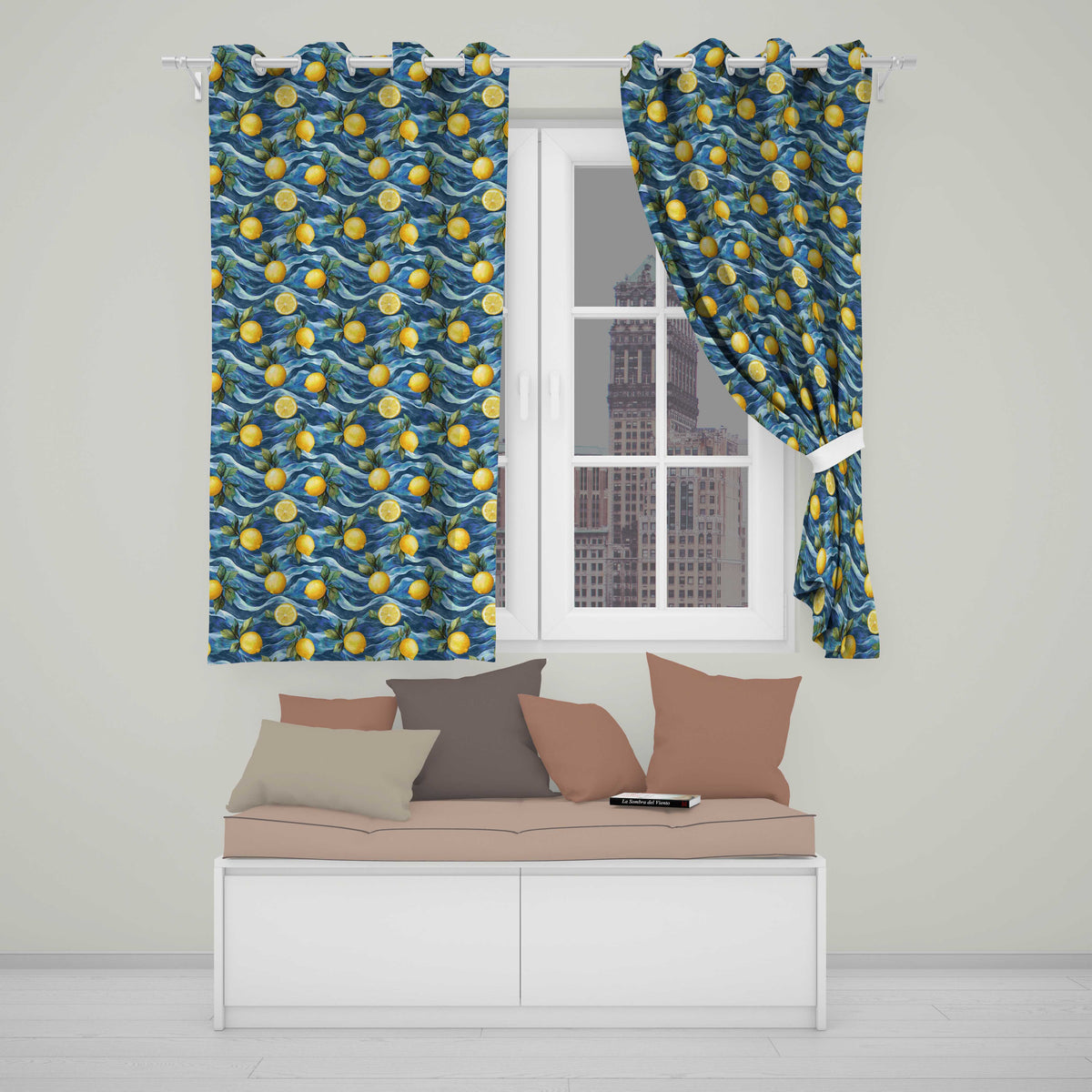 Hand Painted Lemon Fruit Flowing Water Waves Seamless Pattern Coastal Style Readymade Eyelet Ring Top Thermal 100% Blackout Curtains