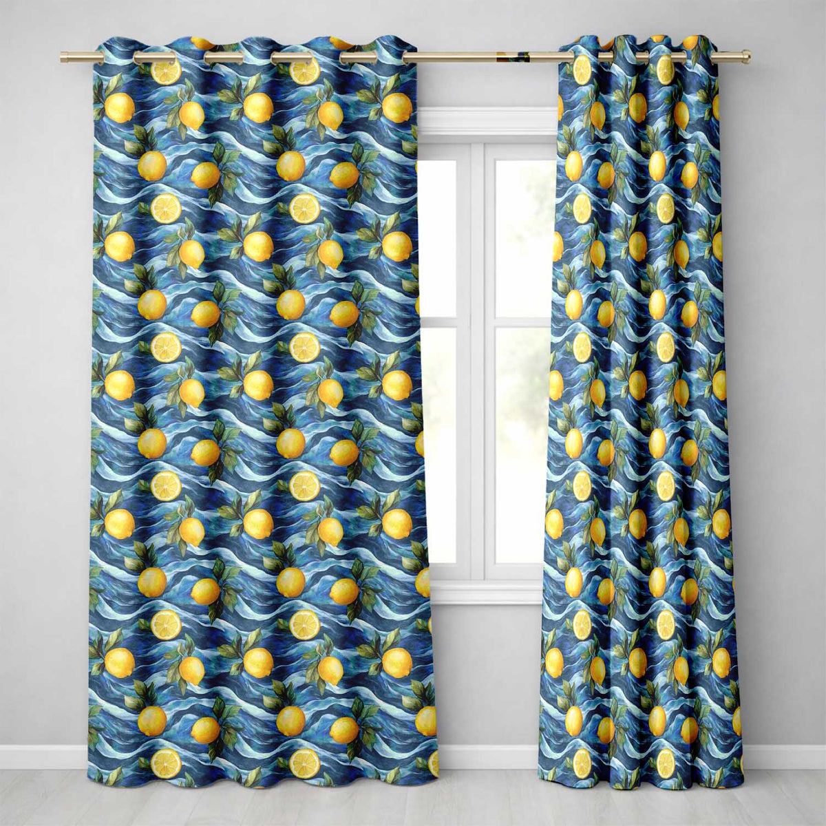 Hand Painted Lemon Fruit Flowing Water Waves Seamless Pattern Coastal Style Readymade Eyelet Ring Top Thermal 100% Blackout Curtains