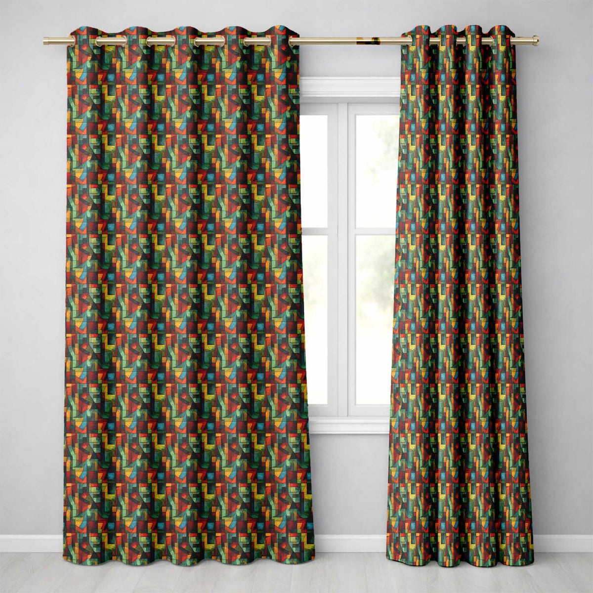 Abstract Cubist Geometric Blocks Bold Colorful Seamless Pattern Readymade Eyelet Ring Top Thermal 100% Blackout Curtains