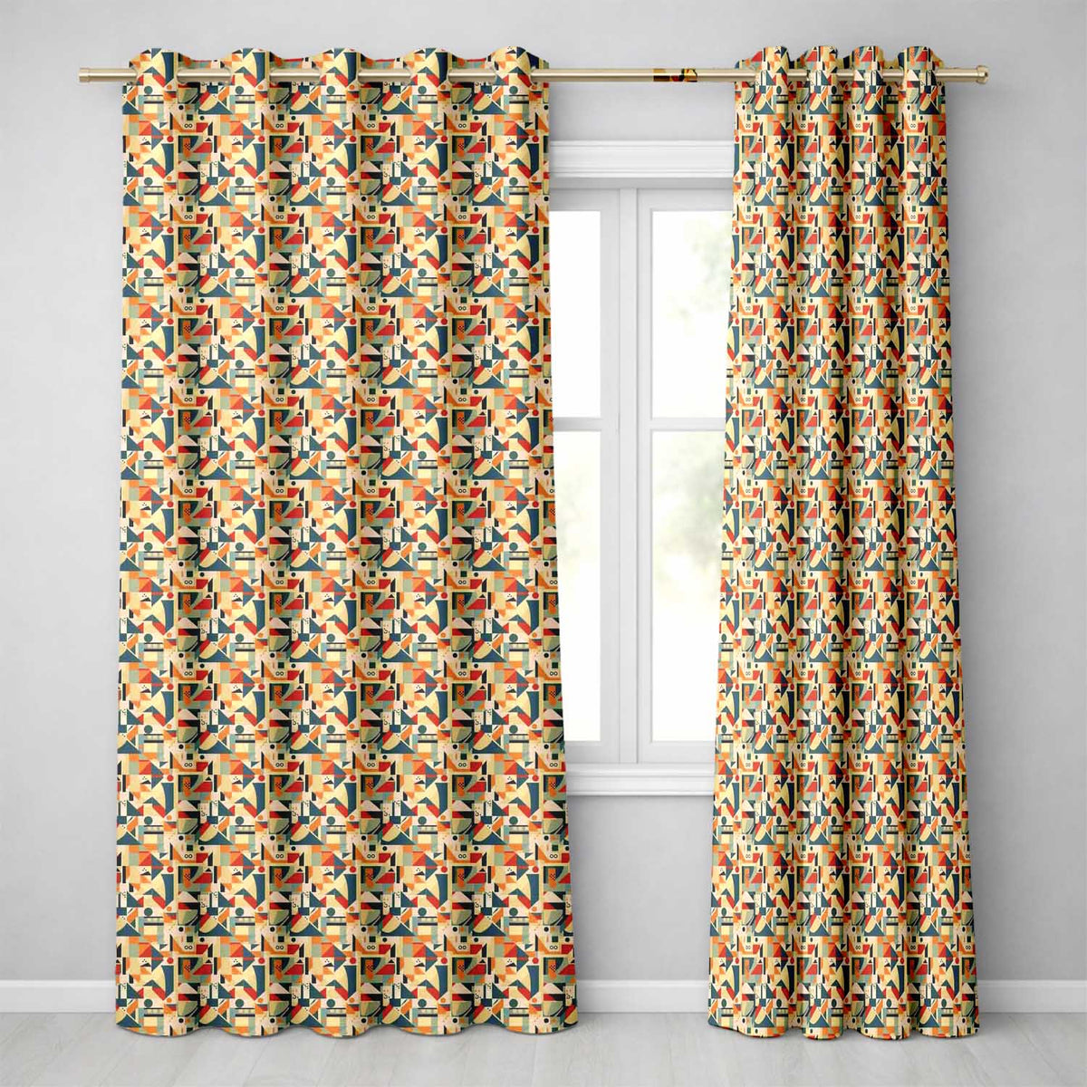 Modern Geometric Shapes Beige Blue Orange Seamless Pattern Readymade Eyelet Ring Top Thermal 100% Blackout Curtains
