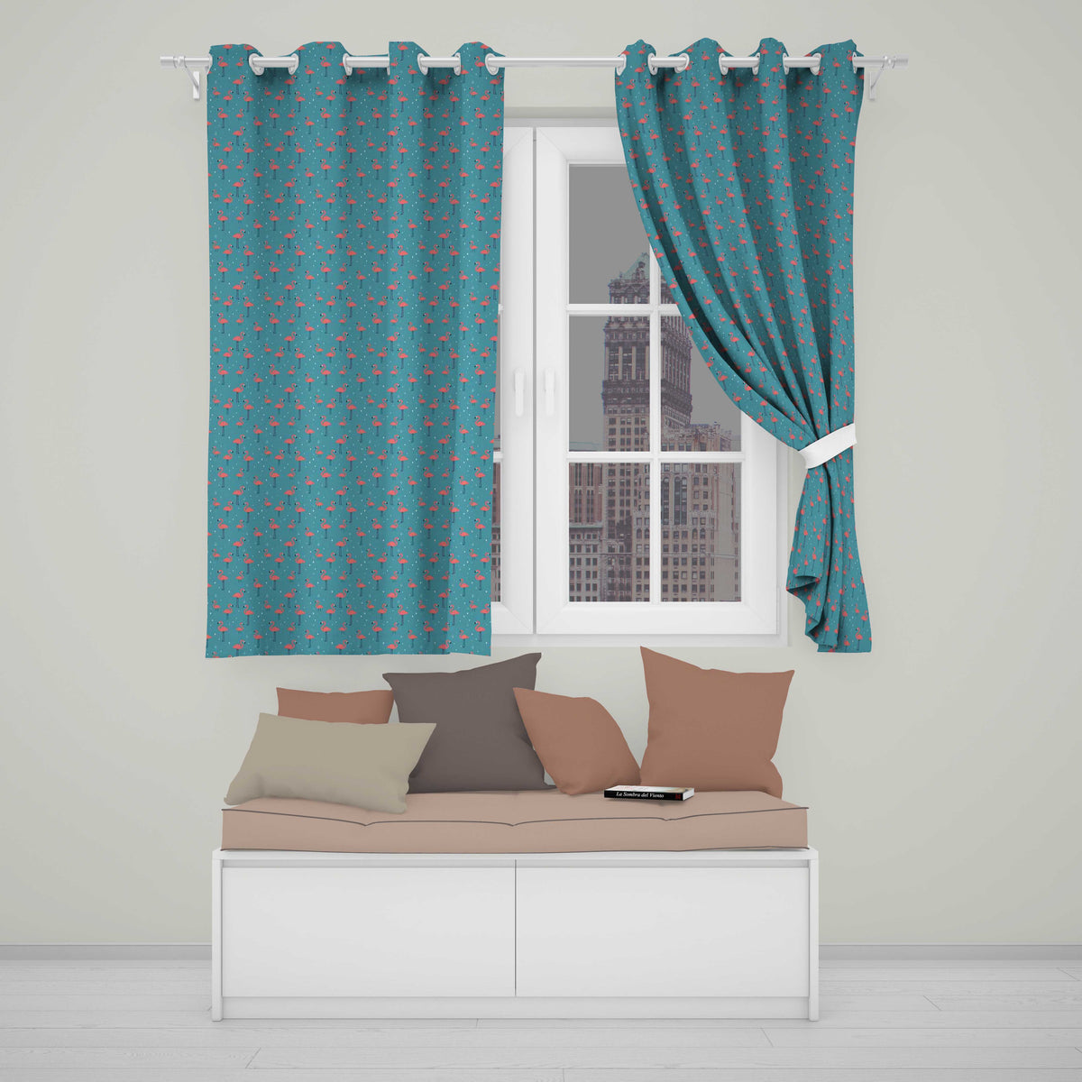 Minimal Flamingo Birds Teal Background Cute Seamless Pattern Readymade Eyelet Ring Top Thermal 100% Blackout Curtains