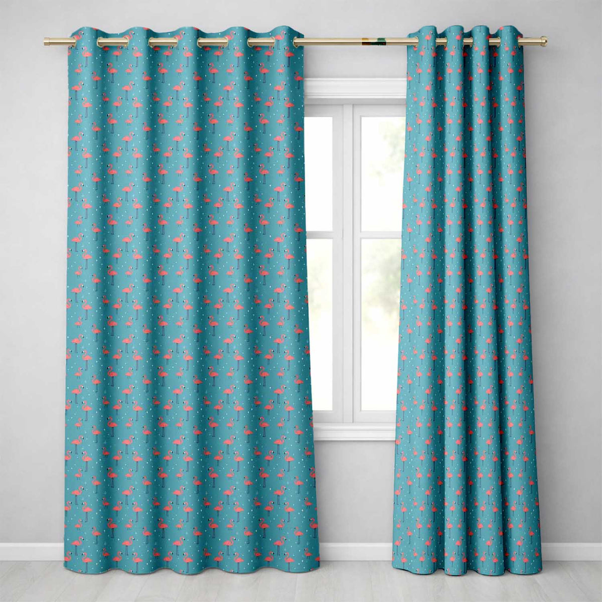 Minimal Flamingo Birds Teal Background Cute Seamless Pattern Readymade Eyelet Ring Top Thermal 100% Blackout Curtains