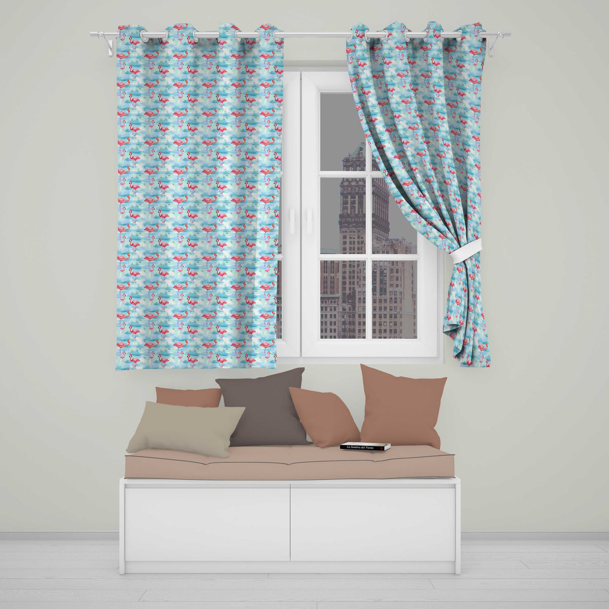 Cute Pink Flamingo Birds in Soft Blue Watercolor Lagoon Seamless Pattern Readymade Eyelet Ring Top Thermal 100% Blackout Curtains