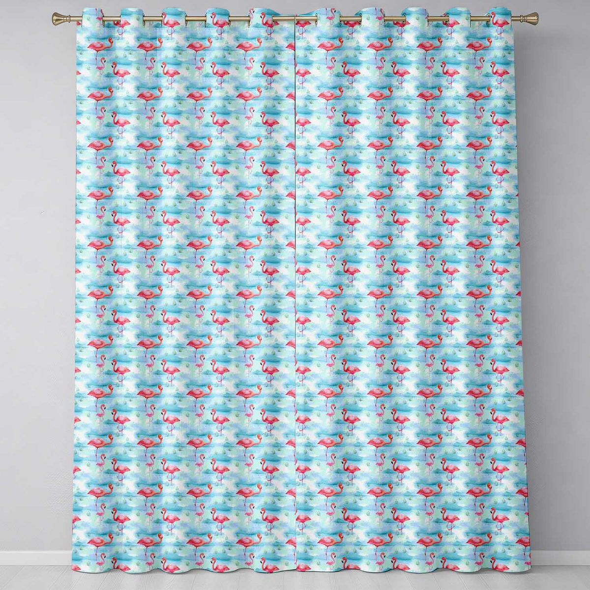 Cute Pink Flamingo Birds in Soft Blue Watercolor Lagoon Seamless Pattern Readymade Eyelet Ring Top Thermal 100% Blackout Curtains