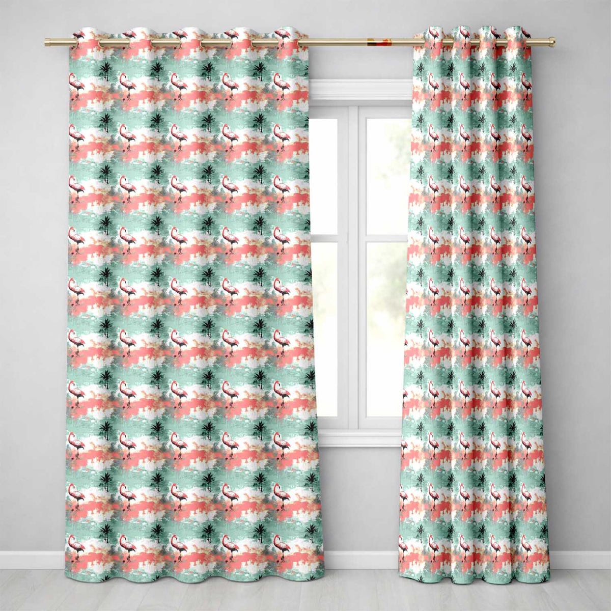 Artistic Flamingo Silhouettes with Abstract Tropical Brush Seamless Pattern Readymade Eyelet Ring Top Thermal 100% Blackout Curtains