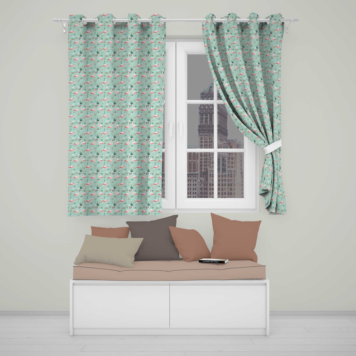 Minimal Flamingo Birds with Soft Pastel Nature Scene Seamless Pattern Readymade Eyelet Ring Top Thermal 100% Blackout Curtains