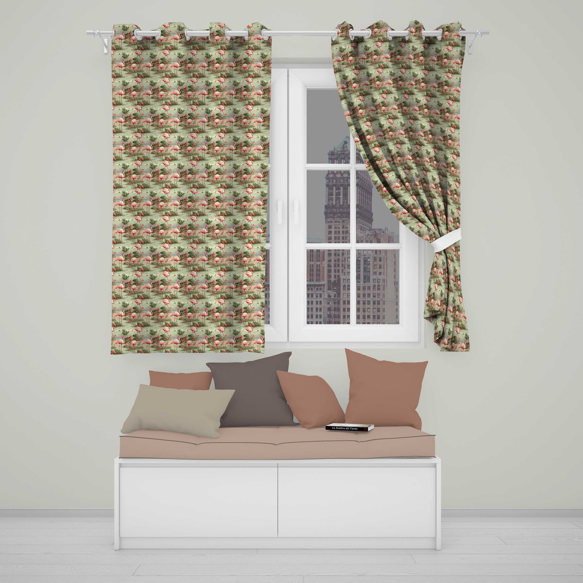 Tropical Flamingo Birds with Exotic Plants Scene Seamless Pattern Readymade Eyelet Ring Top Thermal 100% Blackout Curtains
