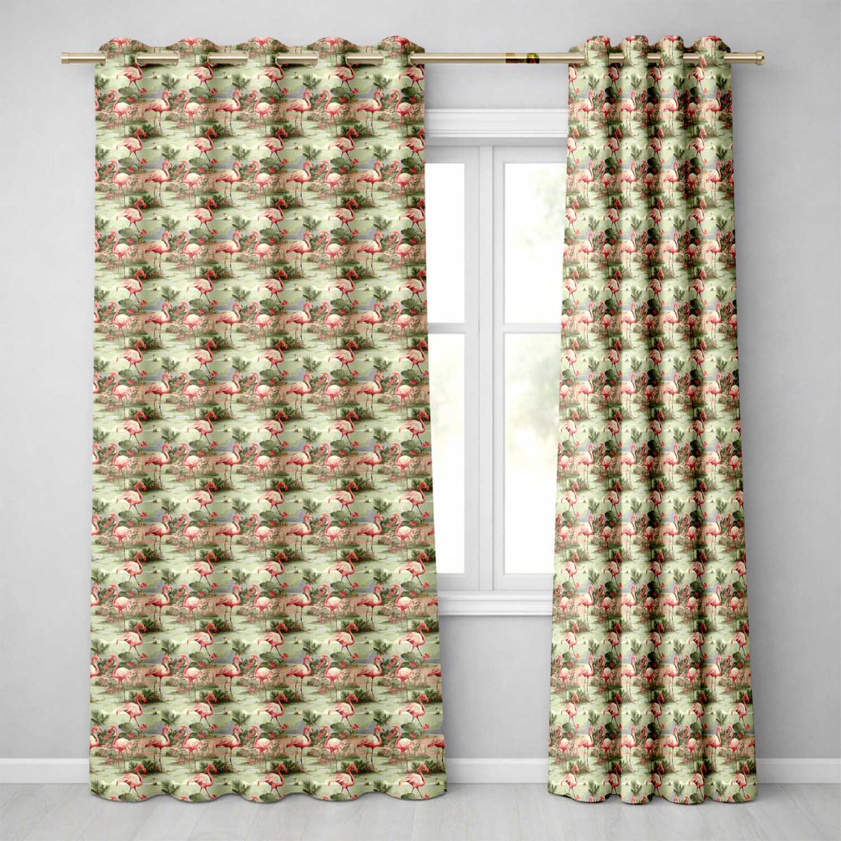 Tropical Flamingo Birds with Exotic Plants Scene Seamless Pattern Readymade Eyelet Ring Top Thermal 100% Blackout Curtains