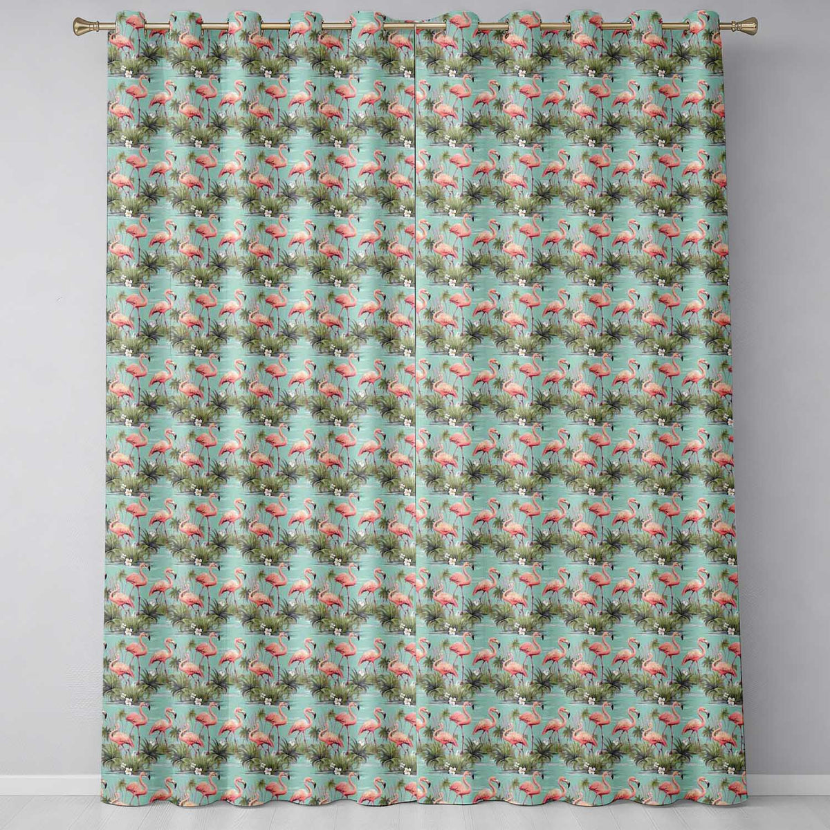 Soft Pink Flamingo Birds in Calm Water Scene Seamless Pattern Readymade Eyelet Ring Top Thermal 100% Blackout Curtains