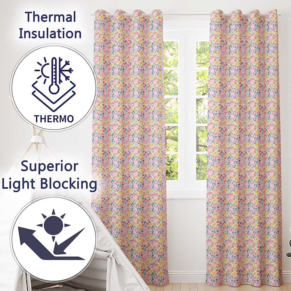 Delicate Pastel Floral Mandala Kaleidoscope Seamless Pattern Readymade Eyelet Ring Top Thermal 100% Blackout Curtains
