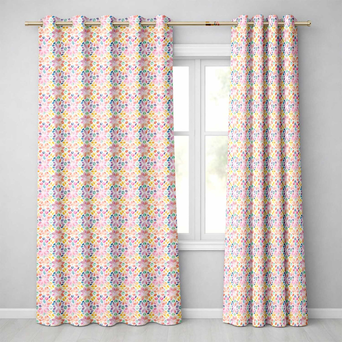 Delicate Pastel Floral Mandala Kaleidoscope Seamless Pattern Readymade Eyelet Ring Top Thermal 100% Blackout Curtains