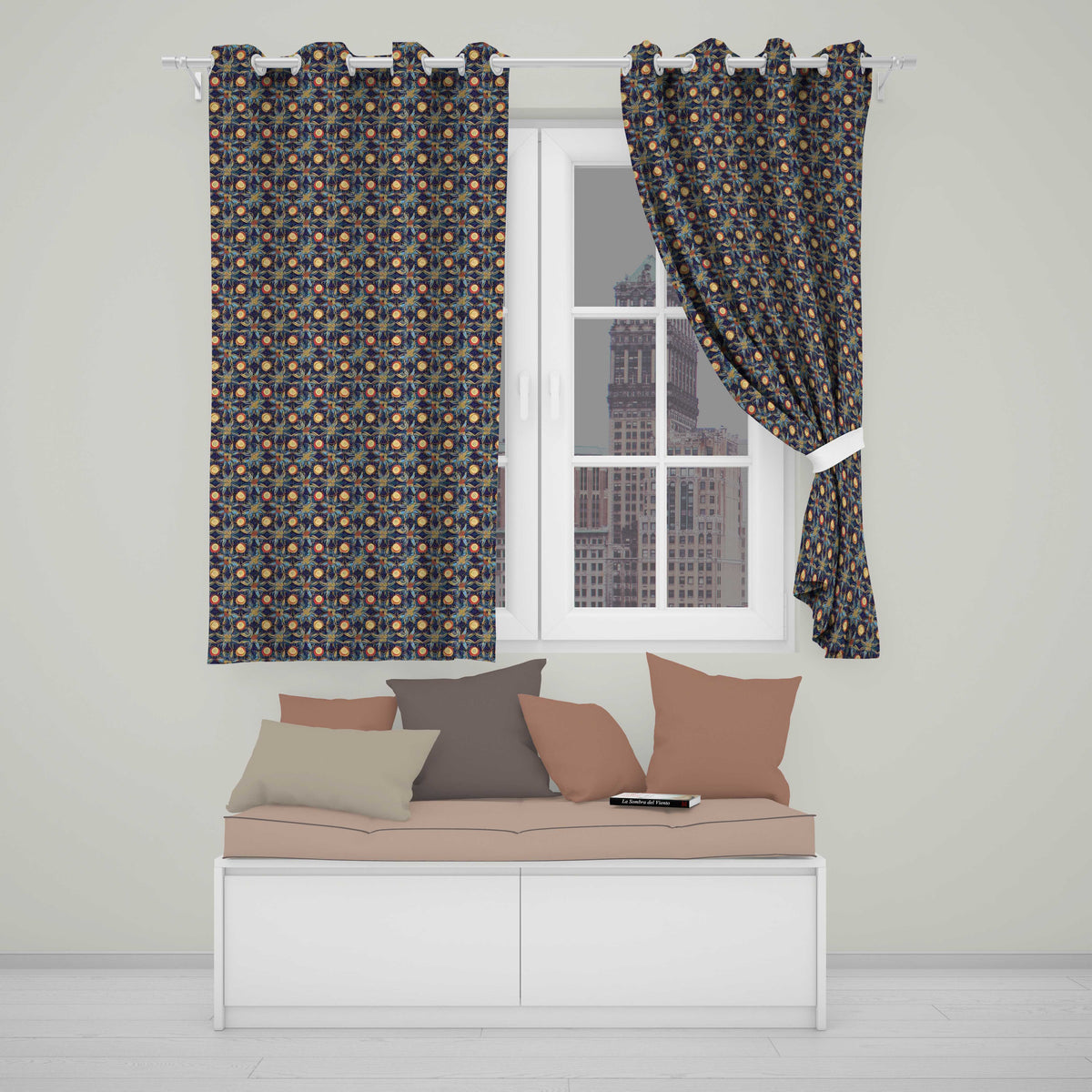 Dark Navy Gold Botanical Floral Luxury Seamless Pattern Readymade Eyelet Ring Top Thermal 100% Blackout Curtains