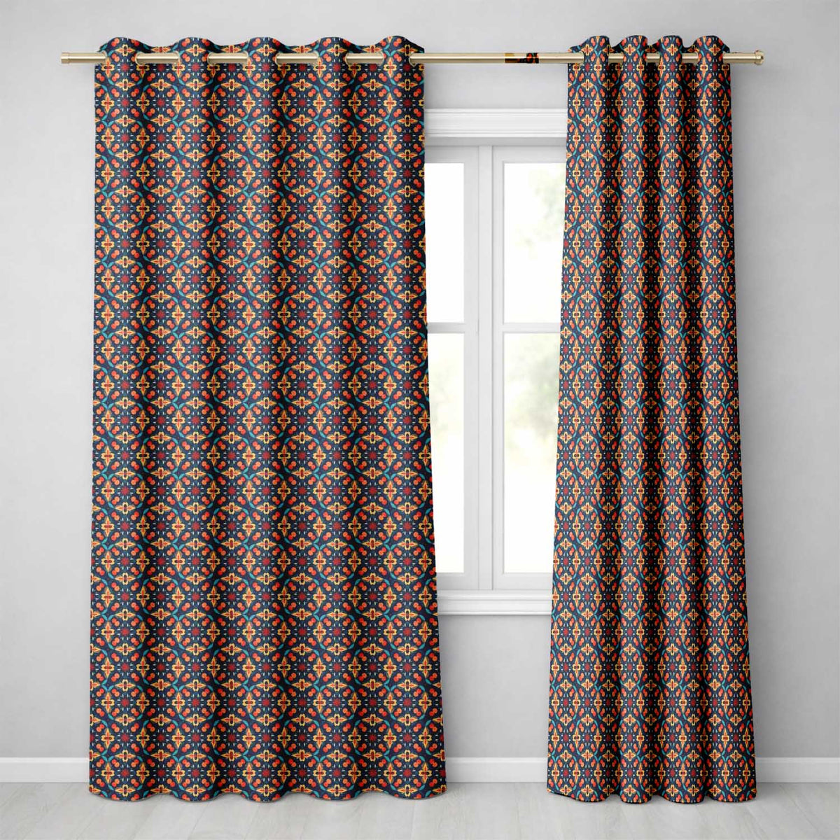 Geometric Floral Pattern with Orange Teal and Gold Symmetry Readymade Eyelet Ring Top Thermal 100% Blackout Curtains