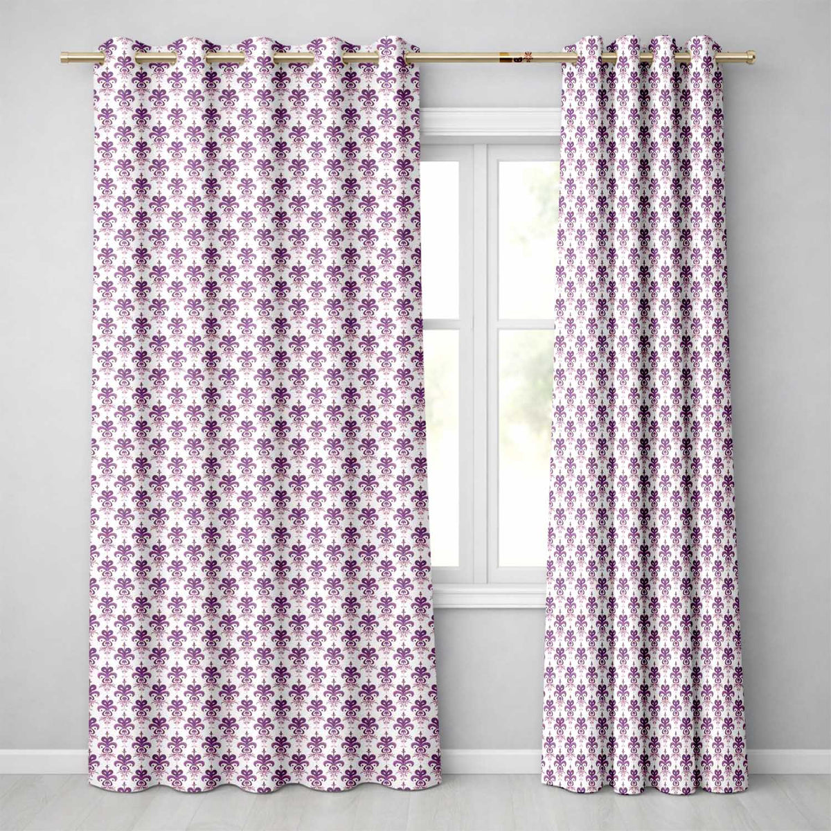 Elegant Plum Floral Damask Repeat Pattern Light Background Seamless Readymade Eyelet Ring Top Thermal 100% Blackout Curtains