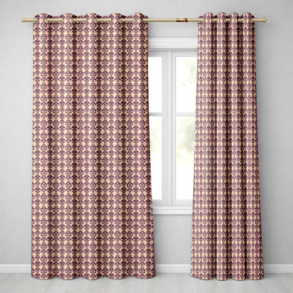Elegant Deep Plum Fleur De Lis Damask Seamless Pattern Classic Vintage Style Readymade Eyelet Ring Top Thermal 100% Blackout Curtains