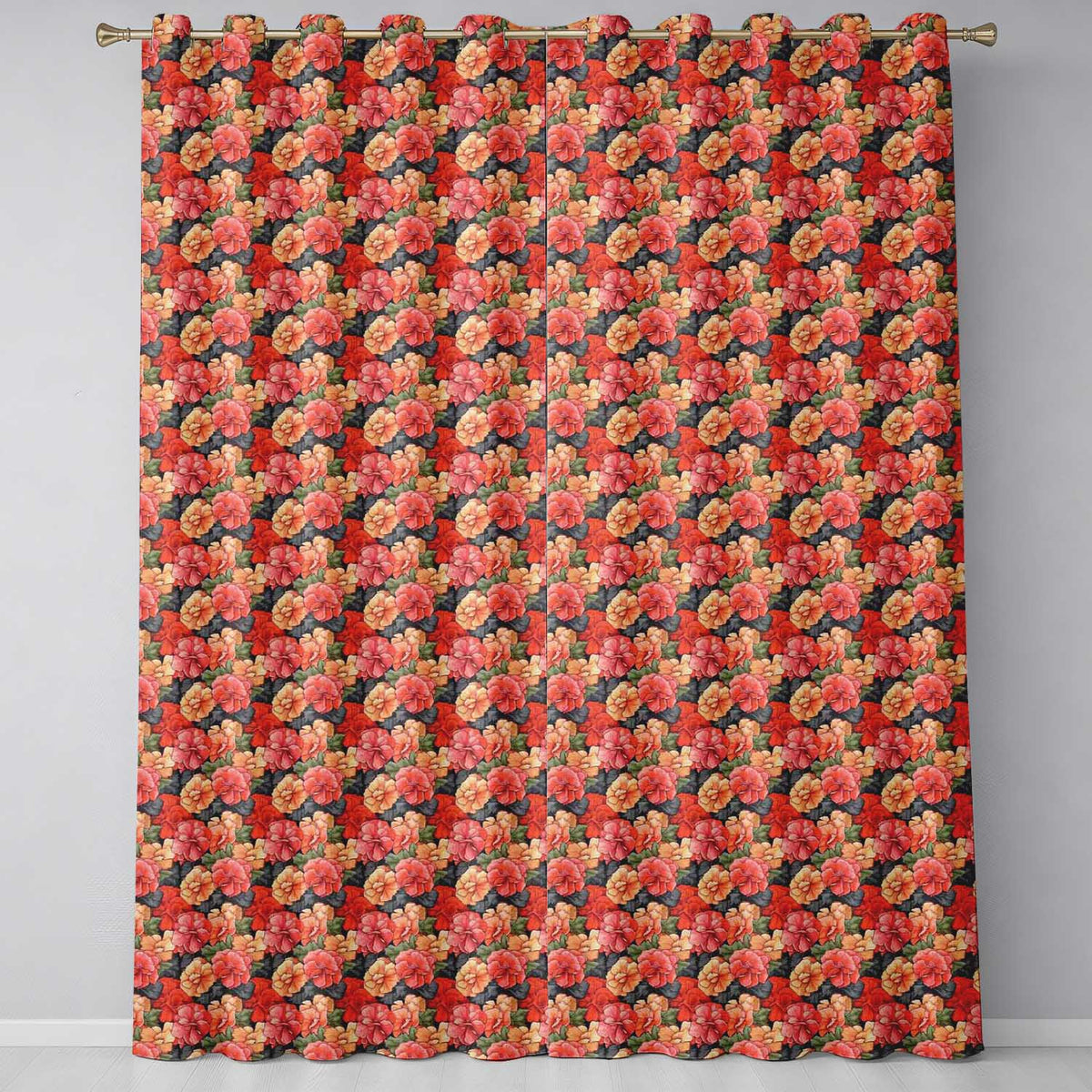 Vibrant Coral Hibiscus Floral Seamless Pattern Tropical Garden Style Readymade Eyelet Ring Top Thermal 100% Blackout Curtains