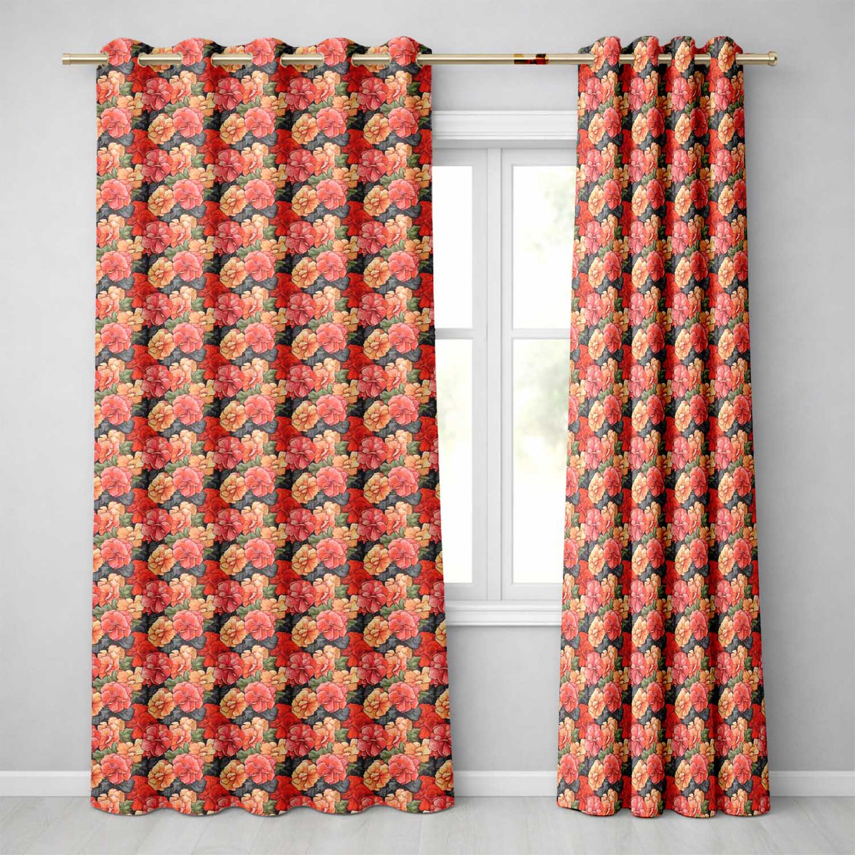 Vibrant Coral Hibiscus Floral Seamless Pattern Tropical Garden Style Readymade Eyelet Ring Top Thermal 100% Blackout Curtains