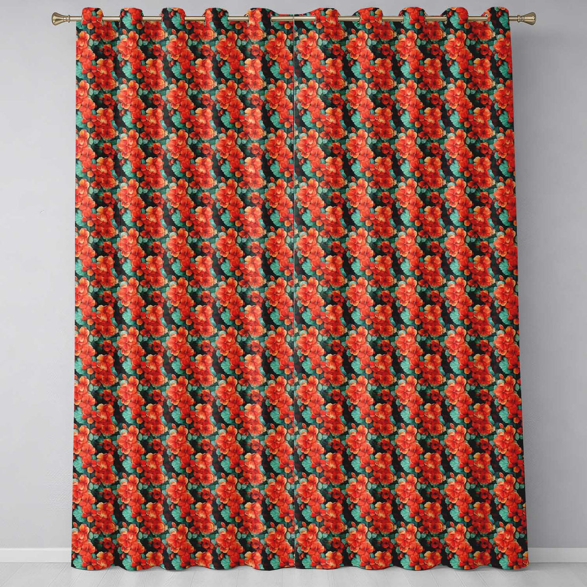 Bold Orange Hibiscus Floral Seamless Pattern Teal Leaf Tropical Style Readymade Eyelet Ring Top Thermal 100% Blackout Curtains