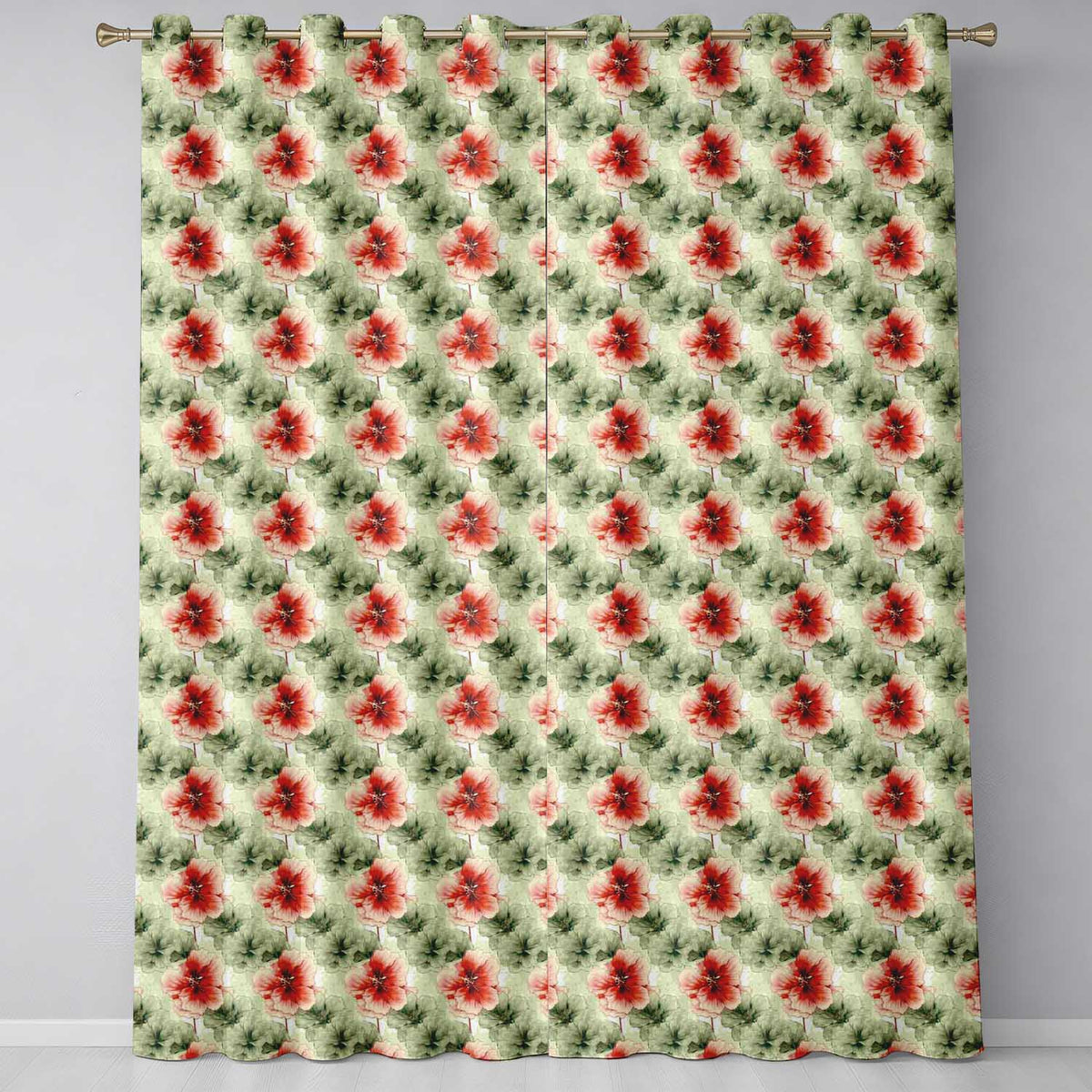 Watercolor Red and Green Floral Seamless Pattern Artistic Botanical Readymade Eyelet Ring Top Thermal 100% Blackout Curtains