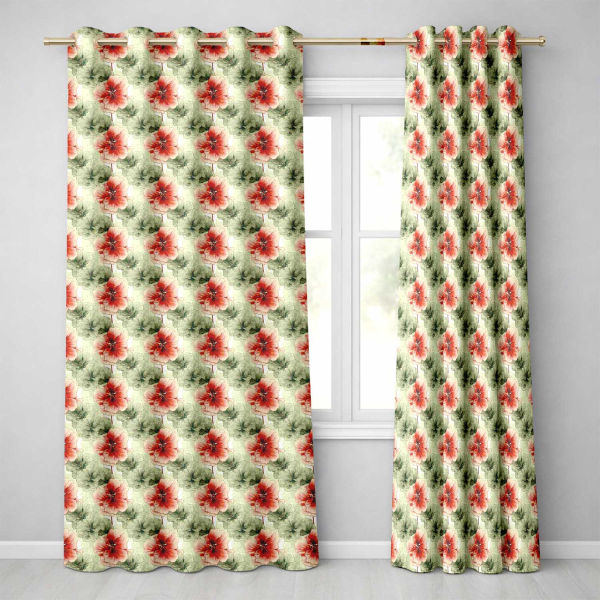 Watercolor Red and Green Floral Seamless Pattern Artistic Botanical Readymade Eyelet Ring Top Thermal 100% Blackout Curtains