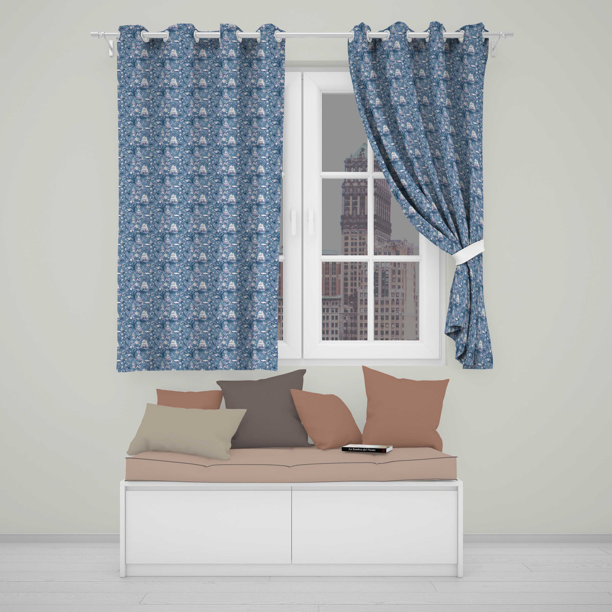 Detailed Blue Chinoiserie Garden Birds Pagoda Seamless Pattern Readymade Eyelet Ring Top Thermal 100% Blackout Curtains