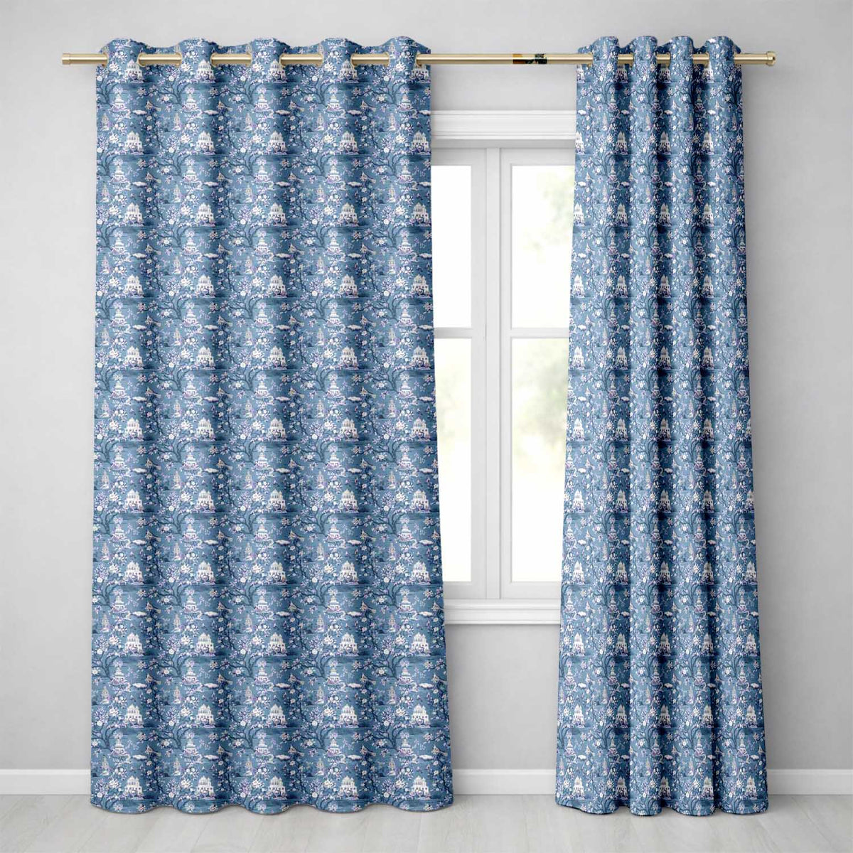 Detailed Blue Chinoiserie Garden Birds Pagoda Seamless Pattern Readymade Eyelet Ring Top Thermal 100% Blackout Curtains