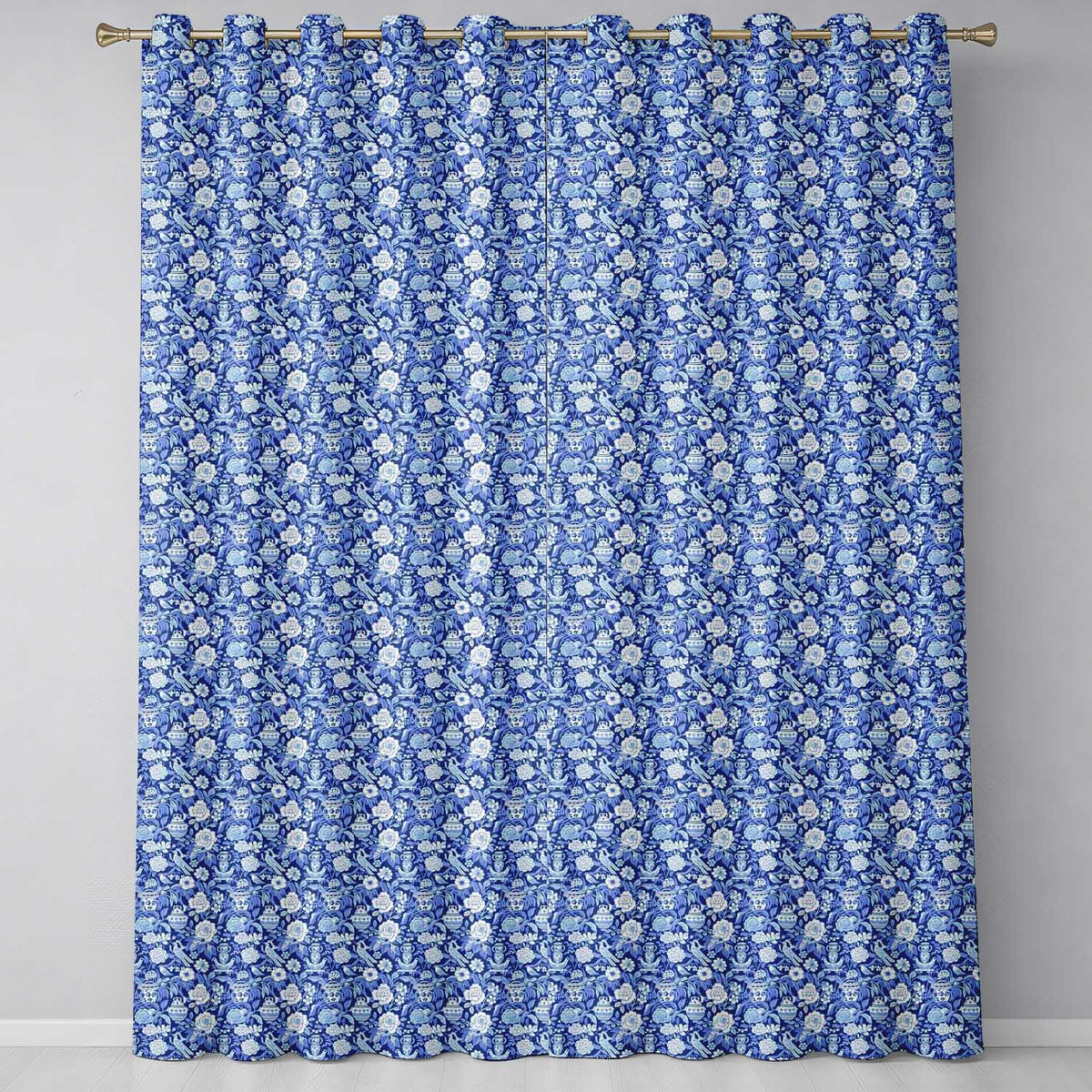 Classic Blue and White Oriental Garden Scenic Seamless Pattern Readymade Eyelet Ring Top Thermal 100% Blackout Curtains