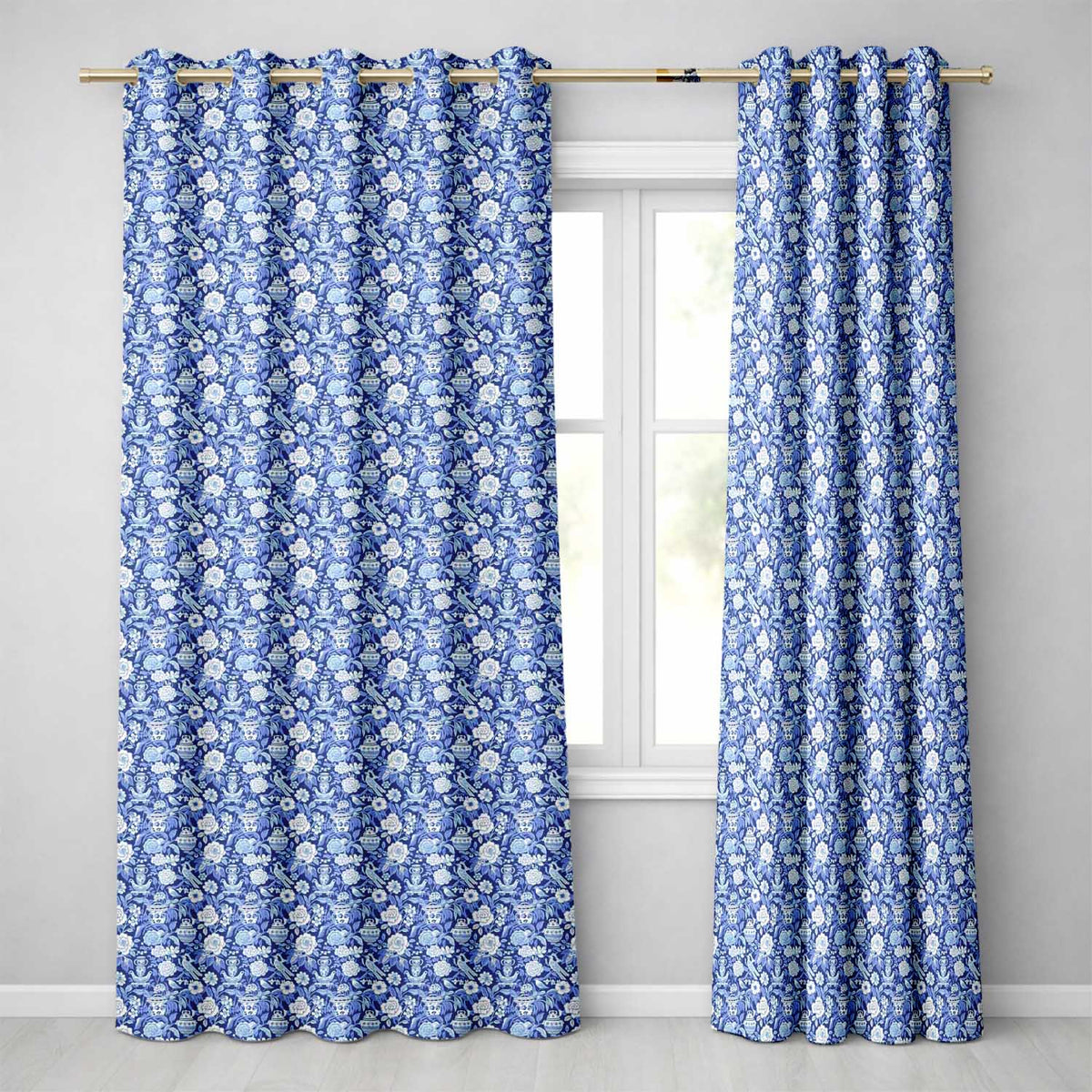 Classic Blue and White Oriental Garden Scenic Seamless Pattern Readymade Eyelet Ring Top Thermal 100% Blackout Curtains